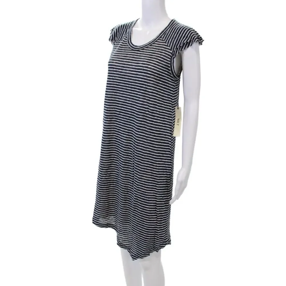 Wilt Womens Cotton Textured Flutter Sleeve Stripped Dress Navy White Stripe Size